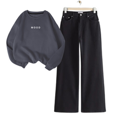 Black Wide Leg Jeans with Charcoal Grey Mood Sweatshirt