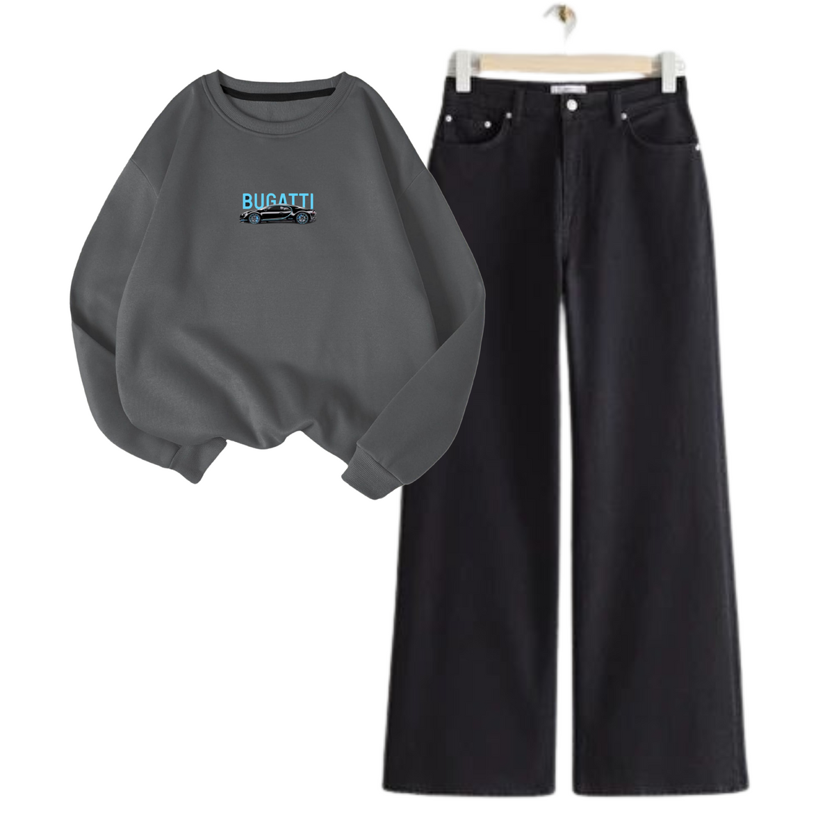 Black Wide Leg Jeans with Charcoal Grey Bugatti Sweatshirt