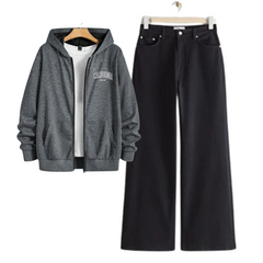 Black Wide Leg Jeans with Charcoal Grey California Zipper & White Reg Tee