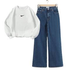 Dark Blue Wide Leg Jeans with White Nike Sweatshirt