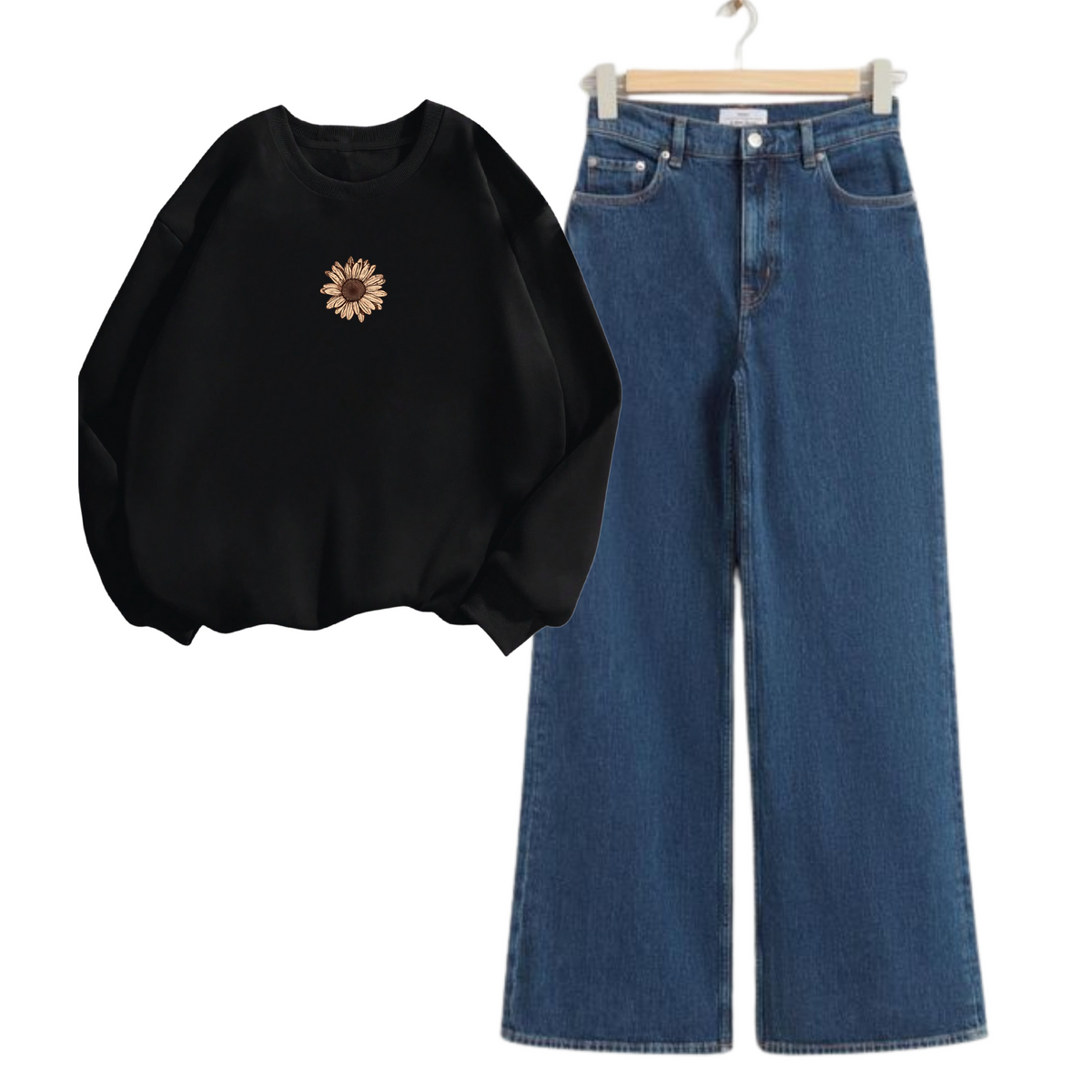 Mid Blue Wide Leg Jeans with Black Sunflower Sweatshirt