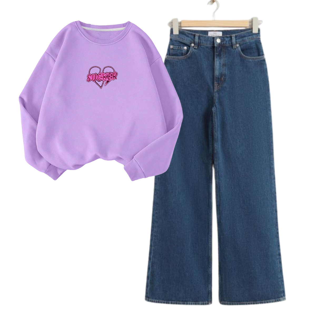 Dark Blue Wide Leg Jeans with Lilac Savage Sweatshirt