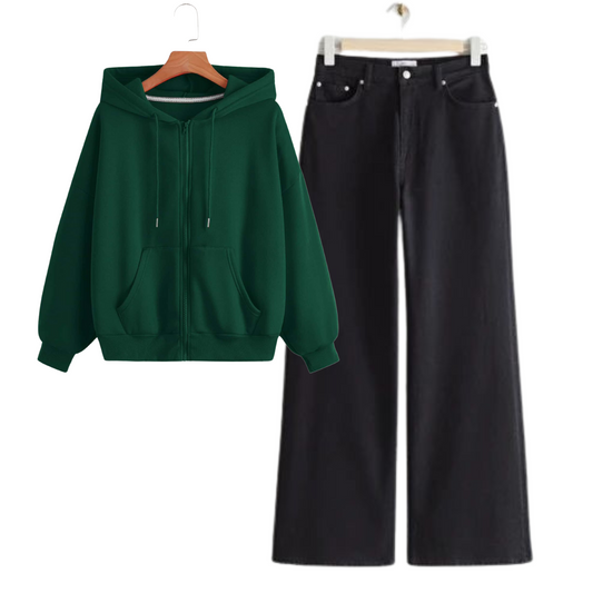 Dark Green Hoodie with Black Baggy Jeans