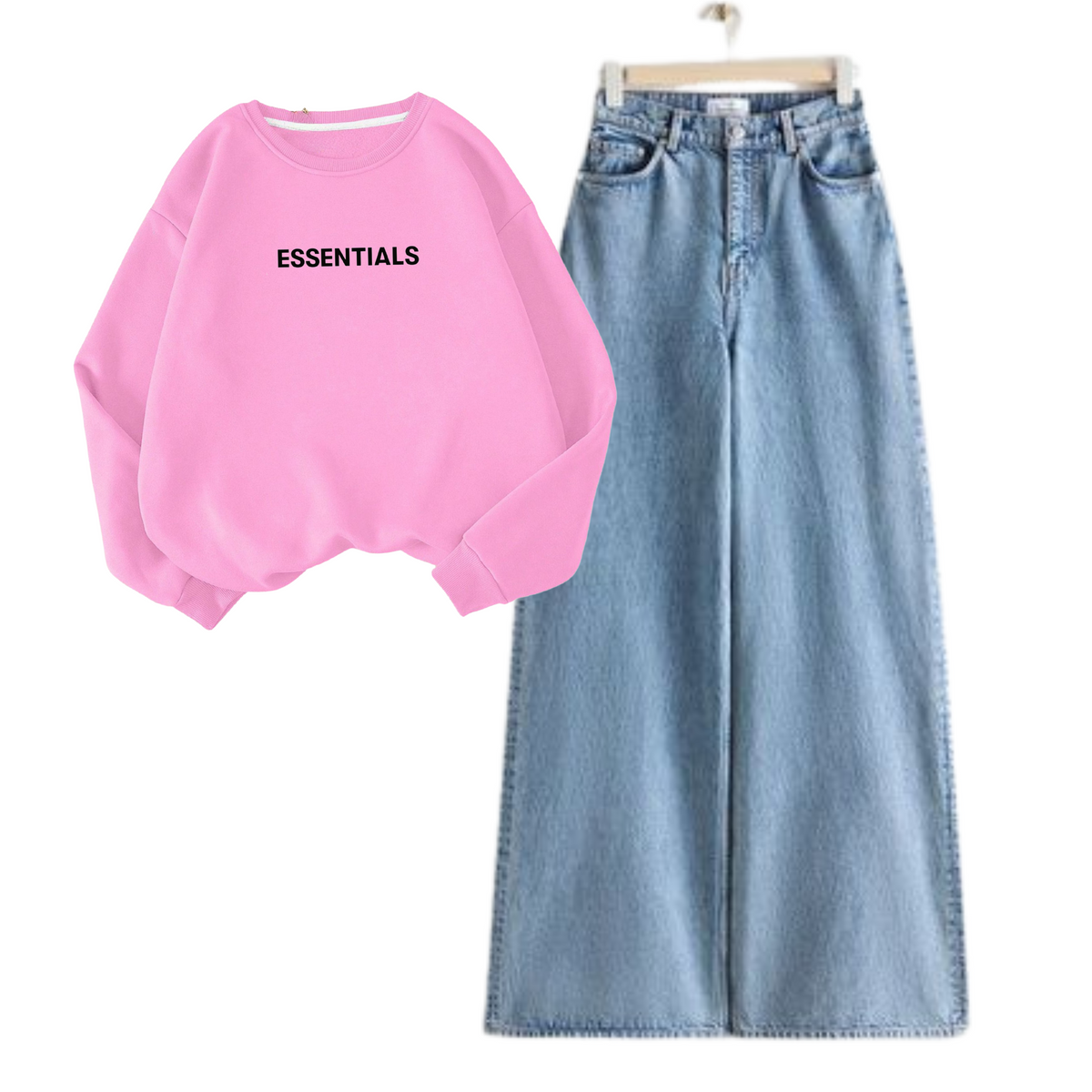 Ice Blue Wide Leg Jeans with Pink Essentials Sweatshirt