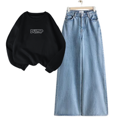 Ice Blue Wide Leg Jeans with Black Dump Sweatshirt