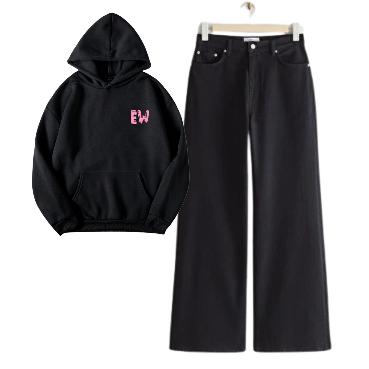 Black Wide Leg Jeans with Oversized Black Ew Hoodie