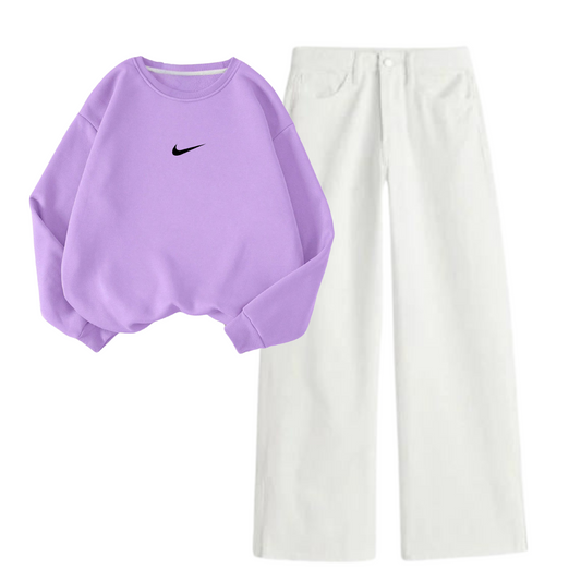 White Wide Leg Jeans with Lilac Nike Sweatshirt