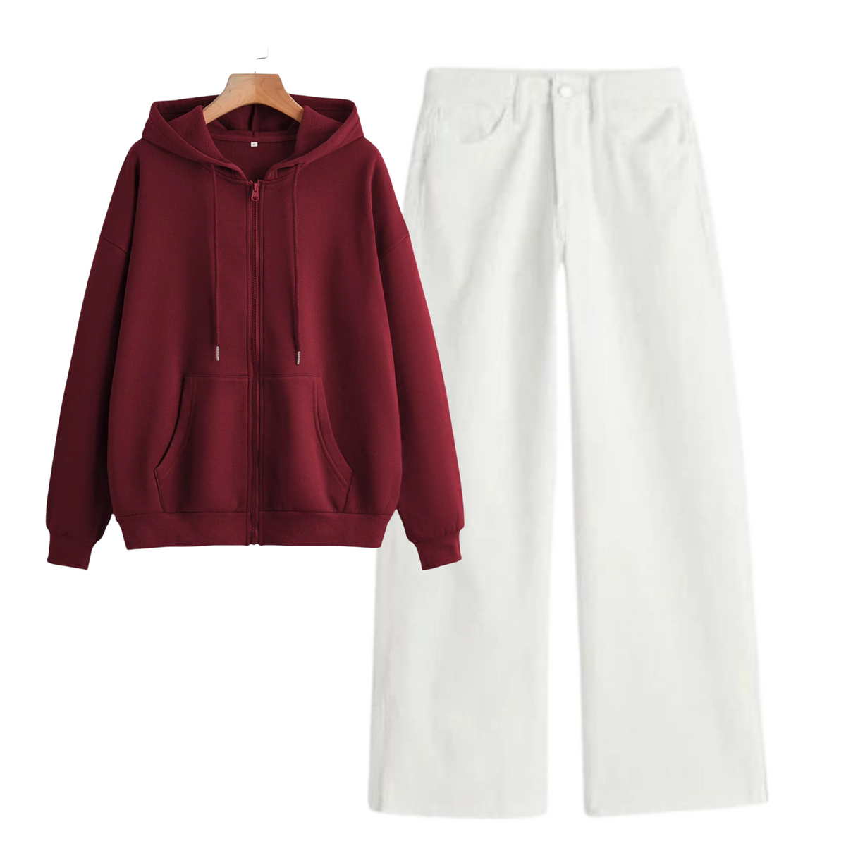 Maroon Zipper With White Baggy Jeans