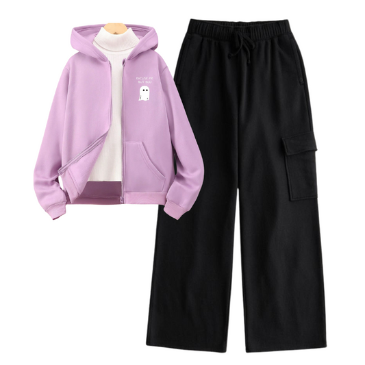 Unisex Cargo with Lilac Excuse me But Boo Zipper & White High neck