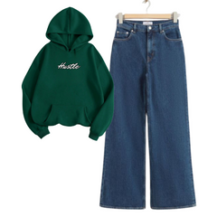 Dark Blue Wide Leg Jeans with Dark Green Hustle Hoodie