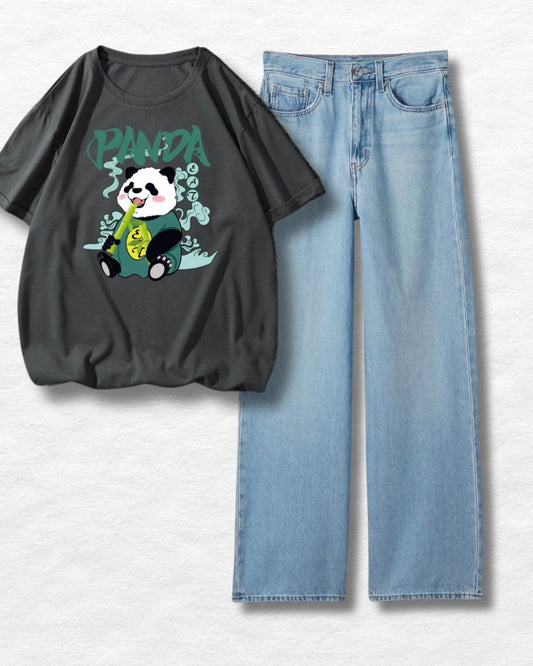 Wide Leg Jeans W Panda Oversized Tee