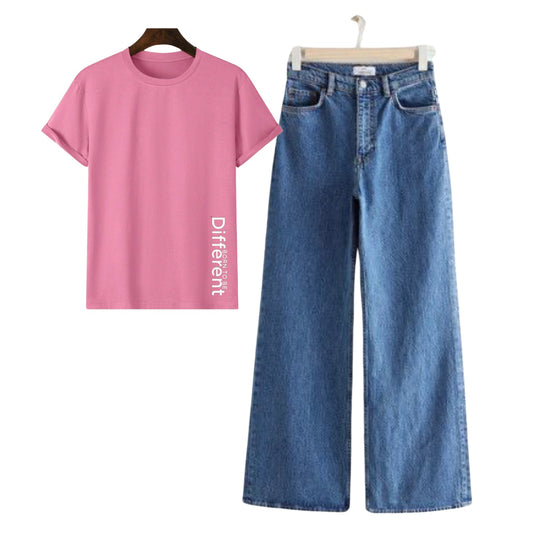 Mid blue wide Leg Jeans with Different Regular Tee