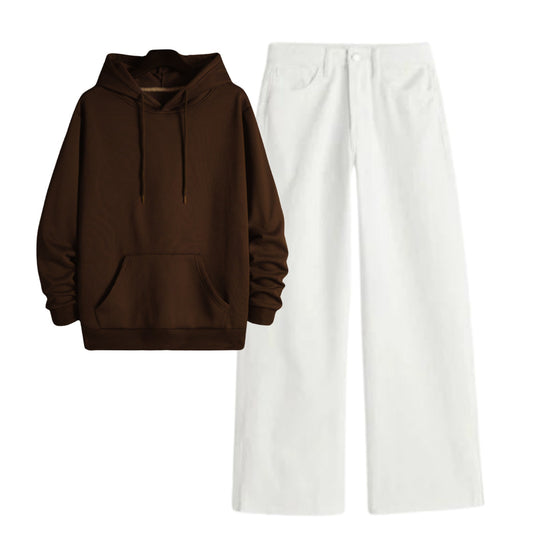 Dark Brown Hoodie With White Baggy Jeans