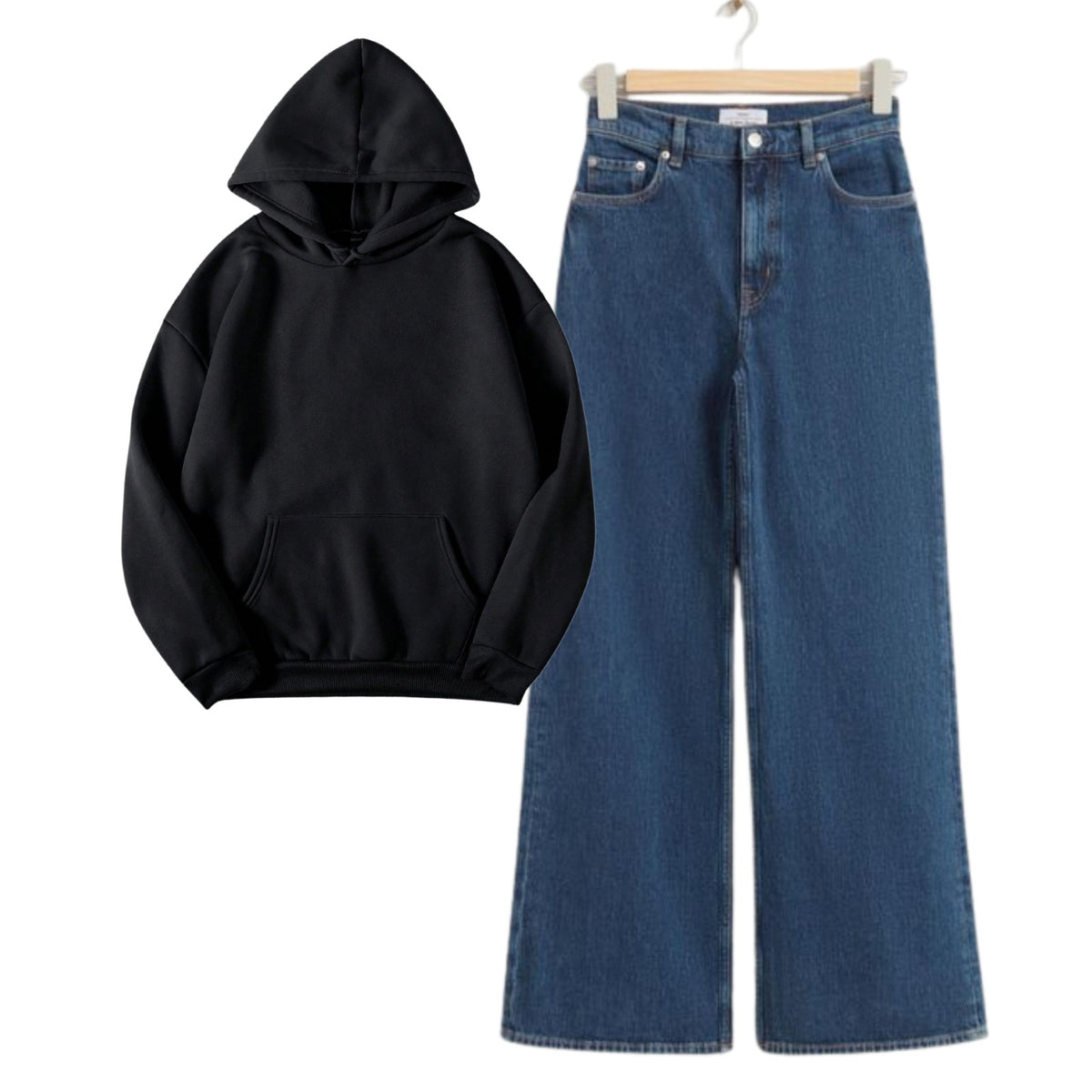 Black Hoodie With Dark Blue Baggy Jeans