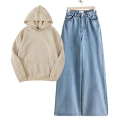 Cream Hoodie With Blue Baggy Jeans