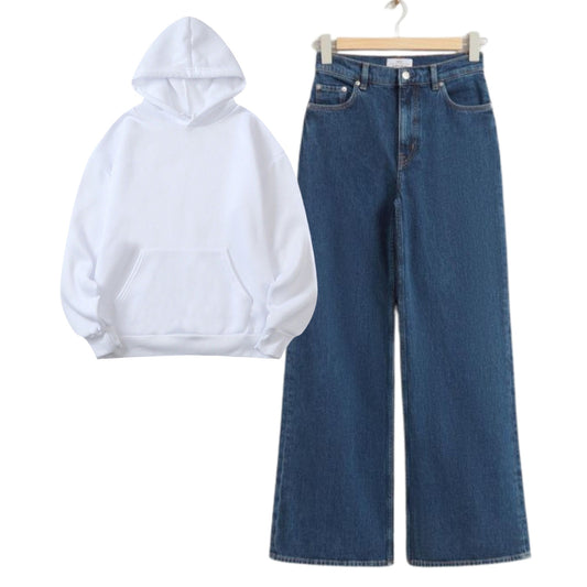 White Hoodie With Blue Baggy Jeans