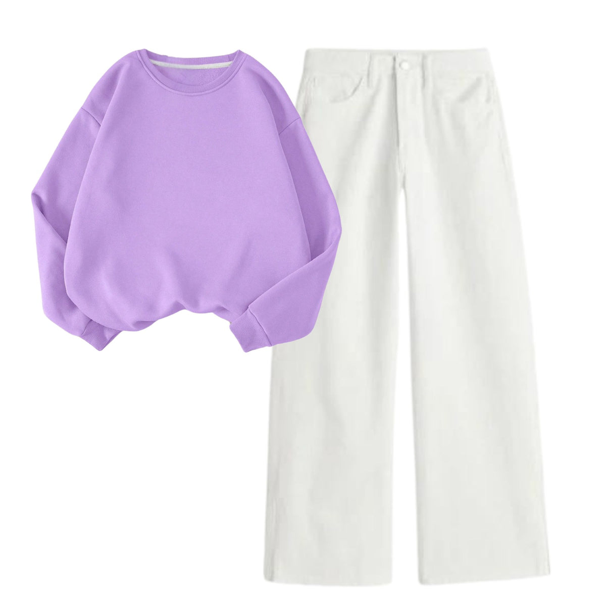 White Baggy Jeans with Lilac Sweatshirts