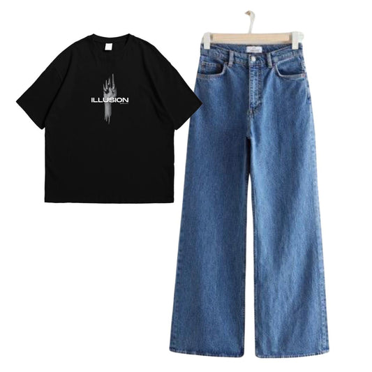 Mid blue Wide Leg Jeans with Illusion Oversized Tees