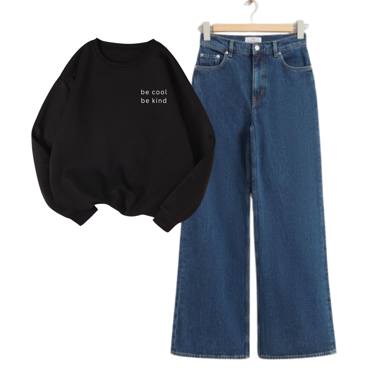 Mid Blue Wide Leg Jeans with Black cool & kind Sweatshirt