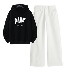 White Wide Leg Jeans with Regular Black Dark Hoodie