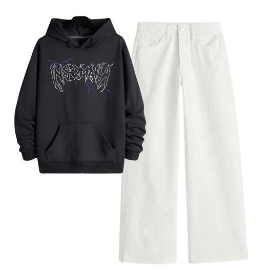 White Wide Leg Jeans with Regular Charcoal Grey Insomnia Hoodie