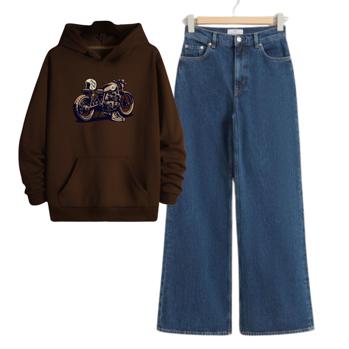 Dark Blue Wide Leg Jeans with Regular Brown Motorcycle Guy Hoodie