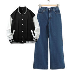 Mid Blue Wide Leg Jeans with Bomber Jacket